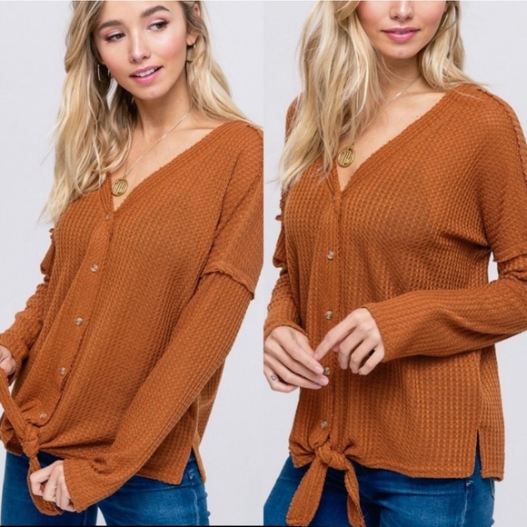 (18)🍁New Fall🍁 Waffle Knit Button Down Front Tie Casual Relaxed Fit Top - Picture 5 of 7